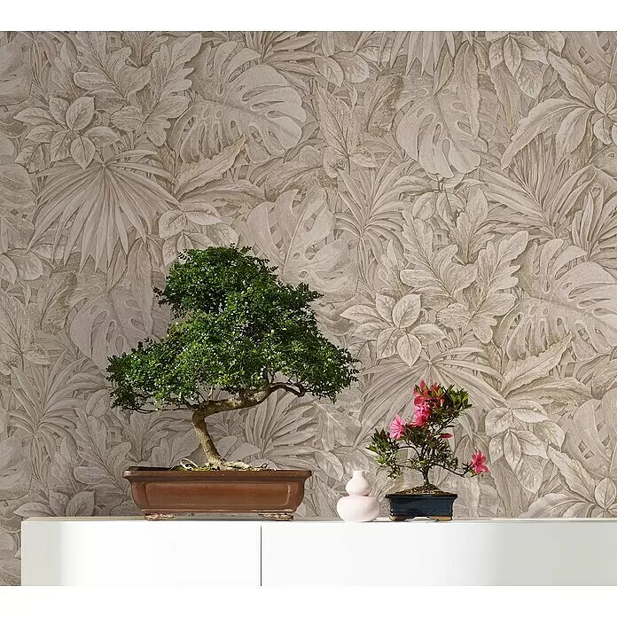 Marburg Botanica Vliestapete - Beige, Floral, 10,05 x 0,53 m - Botanische Tapete mit detaillierten tropischen Blattmustern in Hellbraun und Beige als stilvoller Hintergrund.