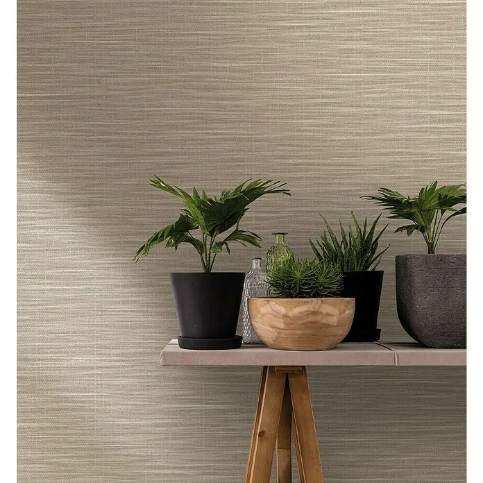 Marburg Botanica Vliestapete Webstruktur - Beige, Uni, 10,05 x 0,53 m - Nahaufnahme eines kleinen Tisches mit mehreren Pflanzen in verschiedenen Töpfen und dekorativen Flaschen vor einer strukturierten Wand.