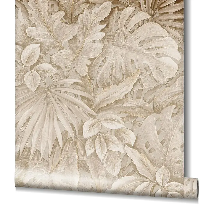 Marburg Botanica Vliestapete - Beige, Floral, 10,05 x 0,53 m - Fototapete mit tropischem Pflanzenmuster in sanften Beigetönen für eine natürliche und ruhige Atmosphäre im Raum.