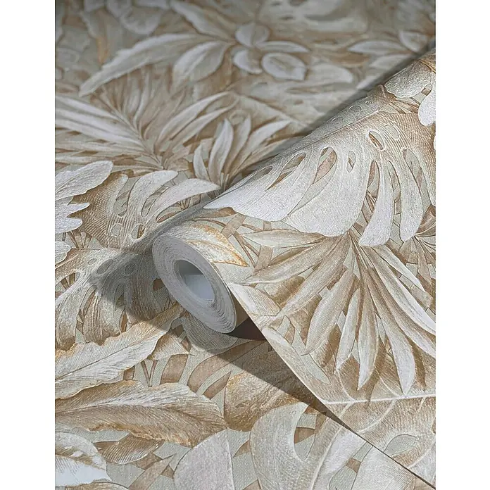 Marburg Botanica Vliestapete - Beige, Floral, 10,05 x 0,53 m - Nahaufnahme einer Rolle Blättertapete mit beigem Muster. Das tropische Design verleiht jedem Raum eine natürliche und stilvolle Note.