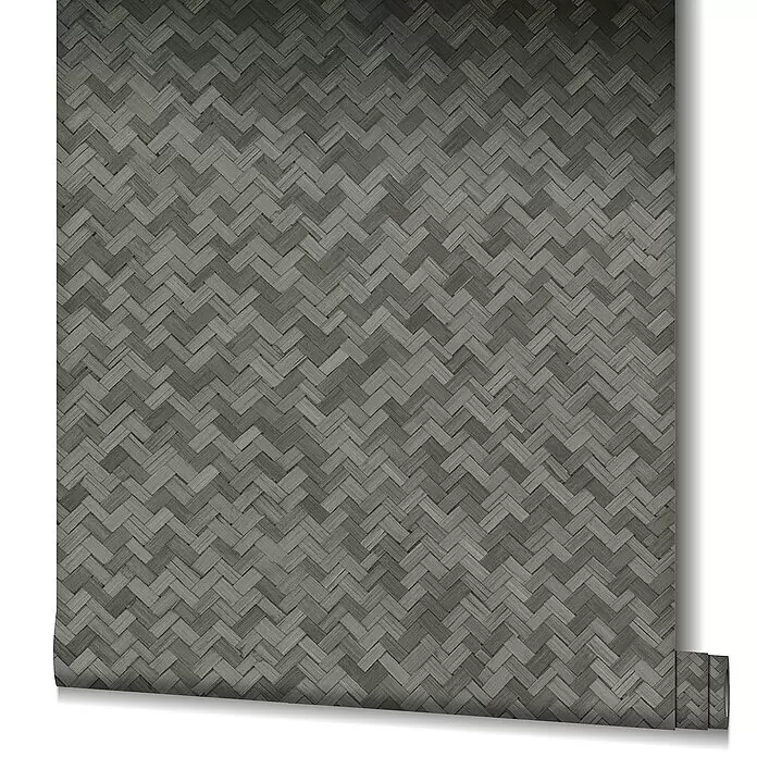Marburg Botanica Vliestapete Allover - Anthrazit, Grafisch, 10,05 x 0,53 m - Graue Tapetenrolle mit gewebtem Fischgrätmuster.
