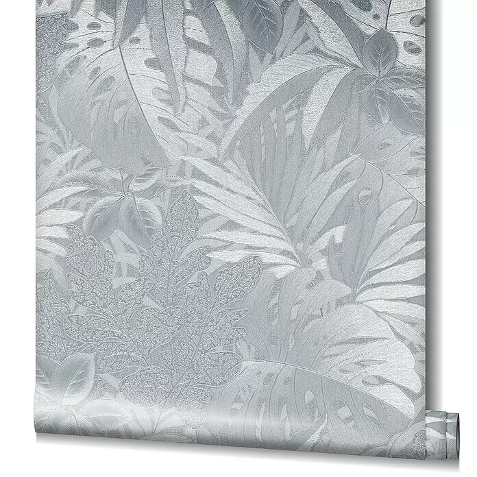 Marburg Botanica Vliestapete - Silber, Floral, 10,05 x 0,53 m - Hellgraue/silberne Tapetenrolle mit texturiertem tropischem Blattmuster.