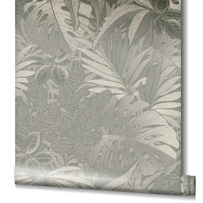 Marburg Botanica Vliestapete - Platin, Floral, 10,05 x 0,53 m - Ein Rollenbild der grauen Dschungel-Blätter-Tapete mit den grossen tropischen Blättern für Wohnzimmer, Schlafzimmer oder Arbeitszimmer.