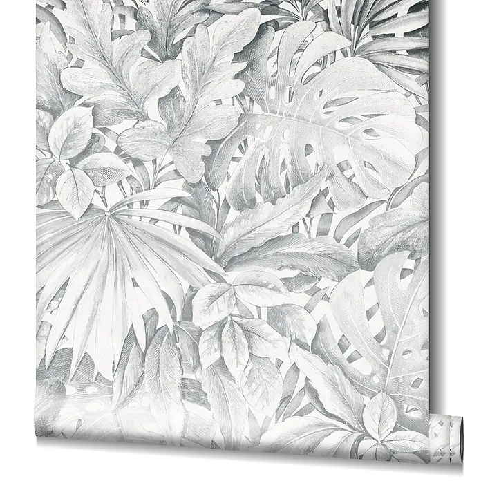 Marburg Botanica Vliestapete - Hellgrau, Floral, 10,05 x 0,53 m - Gerollte Tapete mit tropischem Blätterdesign in Graustufen. Die Tapete zeigt ein dichtes Muster aus verschiedenen Blattformen.