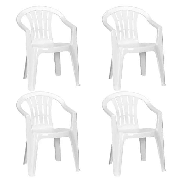 Stapelstuhl Cuba Fresh im Set - 4 Stk., B x T x H: 58 x 56 x 79 cm, Weiß, Gartenstuhl stapelbar - Vier weiße Gartenstühle aus Kunststoff mit Armlehnen sind auf einem schwarzen Hintergrund zu sehen. Perfekt für den Außenbereich.