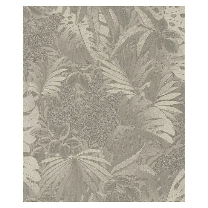 Marburg Botanica Vliestapete - Gold, Floral, 10,05 x 0,53 m - Detailaufnahme einer dezenten, blassbraunen Tapete mit üppigem tropischen Blättermuster für eine natürliche Raumatmosphäre.