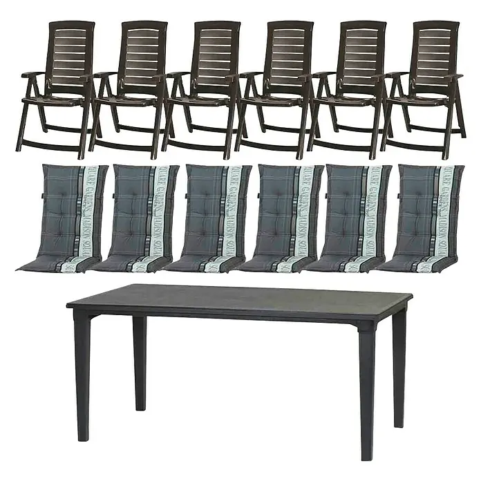 Gartenmöbel-Set Aruba/Futura - 13 -tlg., Baumwolle, Polyester, Graphit - Eine Gartenmöbelgruppe mit Esstisch, sechs Stühlen und passenden Sitzkissen, ideal für den Außenbereich und gesellige Stunden.
