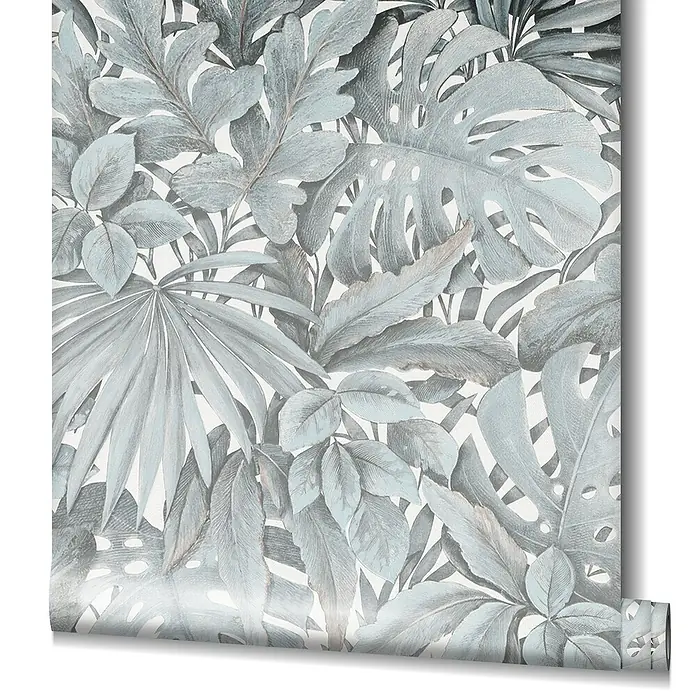 Marburg Botanica Vliestapete - Weiß/Grün, Floral, 10,05 x 0,53 m - Eine Rolle tropische botanische Blätter Tapete, die sich abrollt. Die Blätter haben verschiedene Formen und Schattierungen von Grün und Grau.