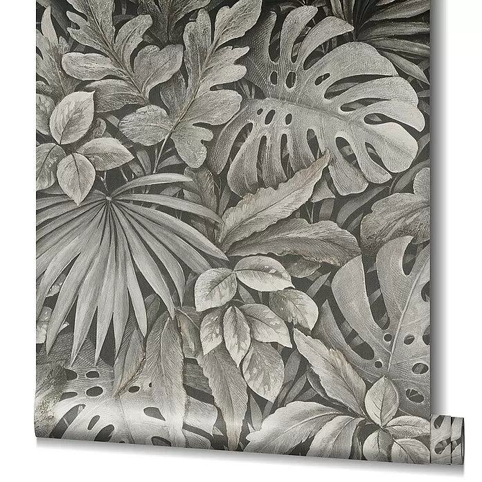 Marburg Botanica Vliestapete - Braun, Floral, 10,05 x 0,53 m - Rolle strukturierter grauer Tapete mit detailliertem botanischem Muster tropischer Blätter, teils mit subtilen metallischen Akzenten.