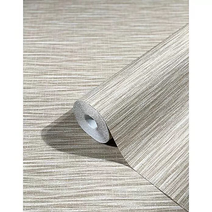 Marburg Botanica Vliestapete Webstruktur - Beige, Uni, 10,05 x 0,53 m - Teilweise abgerollte Tapetenrolle mit strukturiertem beige-weißem Streifenmuster.