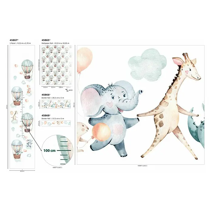 Marburg Kids' Walls Tapetenborte - Weiß/Blau/Beige, Motiv, L x H: 5 x 0,18 m, Vlies - Produktbild: Kinderzimmer Wanddekoration mit niedlichen Tieren und Luftballons, perfekt für eine verspielte Atmosphäre.