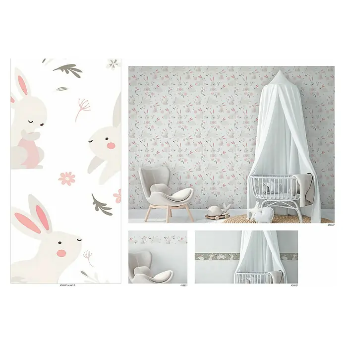 Marburg Kids' Walls Vliestapete Häschen - Weiß/Rosa, Tieroptik, 10,05 x 0,53 m - Niedliche Hasen-Tapete für ein Kinderzimmer mit passenden Bordüren. Erschaffen Sie eine freundliche und verspielte Atmosphäre im Babyzimmer.