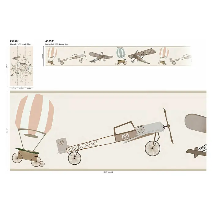 Marburg Kids' Walls Fototapete Flugmaschinen - B x H: 159 x 270 cm, Vlies, Beige - Produktansicht einer Bordüre mit nostalgischen Flugzeug- und Ballonmotiven, ideal für Kinderzimmer.