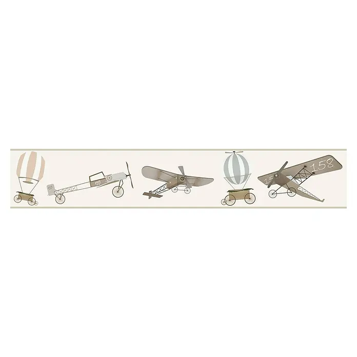 Marburg Kids' Walls Tapetenborte Flugmaschinen - Kunststoff, Beige - Eine Reihe von Flugzeugen und Ballons in verschiedenen Designs, perfekt für eine thematische Dekoration.
