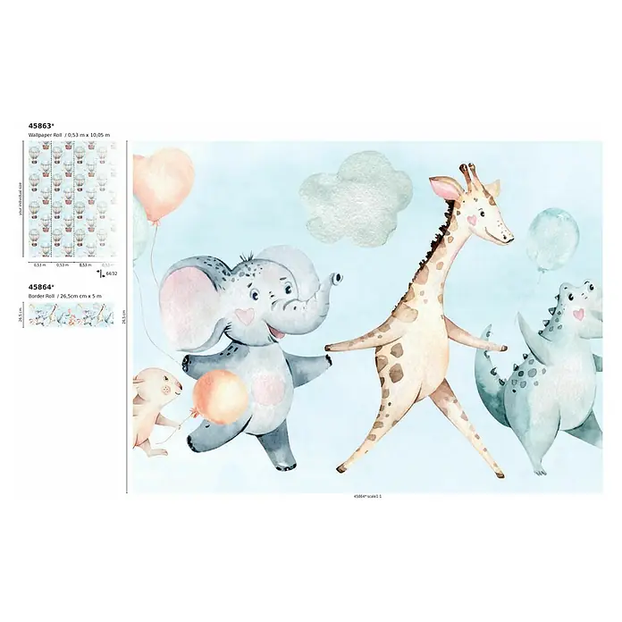 Marburg Kids' Walls Vliestapete Heißluftballons - Blau/Beige, Grafisch, 10,05 x 0,53 m - Eine Tapete mit bunten Tieren wie Elefanten, Giraffen und Dinosauriern, die eine verspielte und kinderfreundliche Atmosphäre schafft.