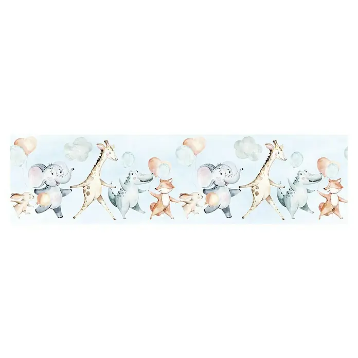 Marburg Kids' Walls Tapetenborte - Kunststoff, Blau/Beige - Niedliche Tapete mit Tieren: Giraffe, Krokodil, Elefant, Fuchs und Hase, die Hand in Hand tanzen, mit Ballons und Wolken auf hellblauem Hintergrund.