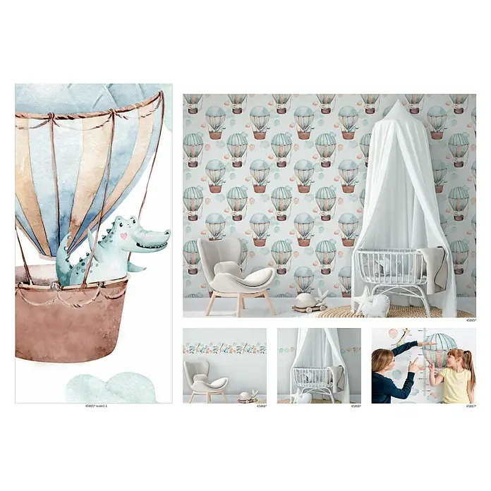 Marburg Kids' Walls Tapetenborte - Weiß/Blau/Beige, Motiv, L x H: 5 x 0,18 m, Vlies - Kinderzimmer-Design mit Aquarell-Heißluftballon-Tapete und verspieltem Drachenmotiv, ideal für ein fantasievolles Ambiente.