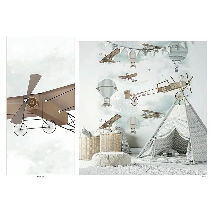 Marburg Kids' Walls Fototapete Flugmaschinen - B x H: 212 x 270 cm, Vlies - Zimmer mit Luftfahrt-Wandbild, das ein Tipizelt, Körbe und ein Fußkissen in einer ruhigen, von der Luftfahrt inspirierten Umgebung zeigt.