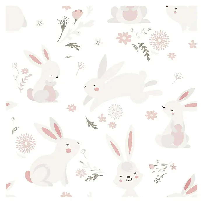 Marburg Kids' Walls Vliestapete Häschen - Weiß/Rosa, Tieroptik, 10,05 x 0,53 m - Niedliches nahtloses Muster mit Hasen und Blumen in sanften Farben, ideal für Babykleidung und Kinderzimmerdekoration.