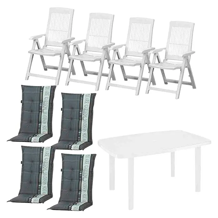 Progarden Gartenmöbel-Set Tampa/Faro - 9 -tlg., Baumwolle, Polyester, Weiß - Bild eines Gartenmöbelsets mit vier weißen Stühlen, vier Sitzkissen und einem passenden Tisch.