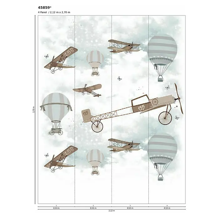 Marburg Kids' Walls Fototapete Flugmaschinen - B x H: 212 x 270 cm, Vlies - Wandtapete mit nostalgischen Flugzeugen und Heißluftballons in sanften Farben, ideal für Kinderzimmer.