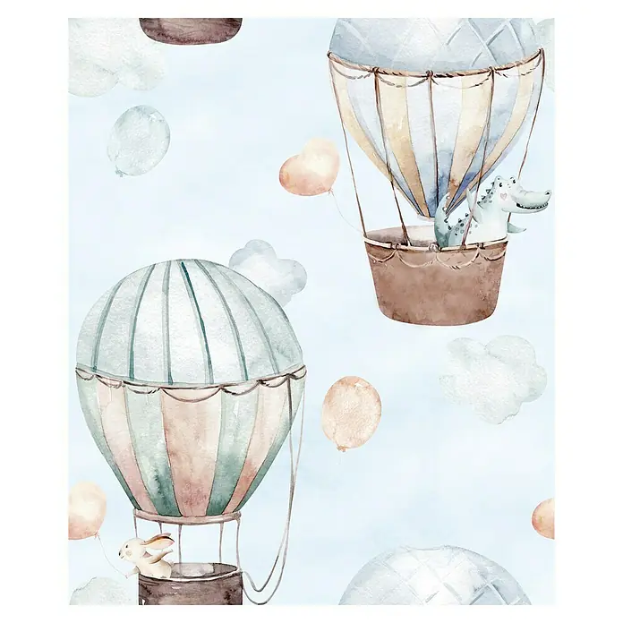 Marburg Kids' Walls Vliestapete Heißluftballons - Blau/Beige, Grafisch, 10,05 x 0,53 m - Aquarellbild mit Heißluftballons, Wolken und Ballons in sanften Farben, ideal für Kinderzimmerdekoration.