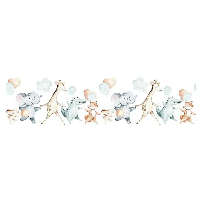 Marburg Kids' Walls Tapetenborte - Kunststoff, Weiß/Blau/Beige - Niedliches Kinderzimmer-Wandtattoo mit Tieren wie Elefant, Giraffe, Krokodil und Fuchs, ideal für eine liebevolle Babyzimmergestaltung.