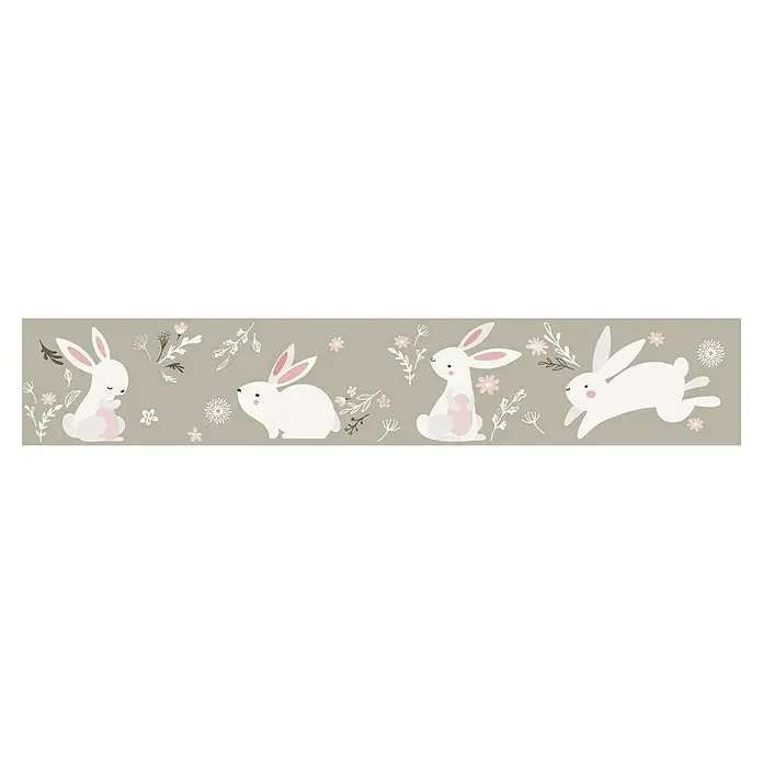 Marburg Kids' Walls Tapetenborte Häschen - Kunststoff, Greige/Rosa - Illustration von vier weißen Kaninchen mit rosa Details und Blumen vor einem grauen Hintergrund. Perfekt für Ostern.