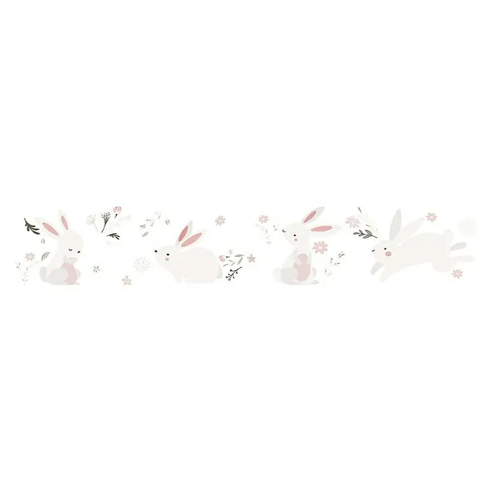 Marburg Kids' Walls Tapetenborte Häschen - Kunststoff, Weiß/Rosa - Illustration mit niedlichen weißen Hasen und zarten Blumen, ideal für Kinderzimmerdekoration und frühlingshafte Akzente.