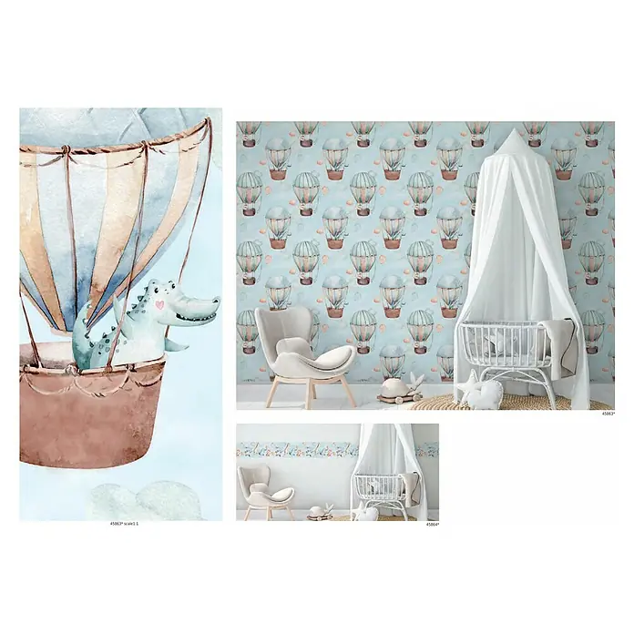 Marburg Kids' Walls Vliestapete Heißluftballons - Blau/Beige, Grafisch, 10,05 x 0,53 m - Eine Wandgestaltung mit einem Ballonfahrer-Krokodil-Wandbild, einer Ballon-Tapete und einem Kinderzimmer mit Baldachinbett für eine warme und fantasievolle Atmosphäre.