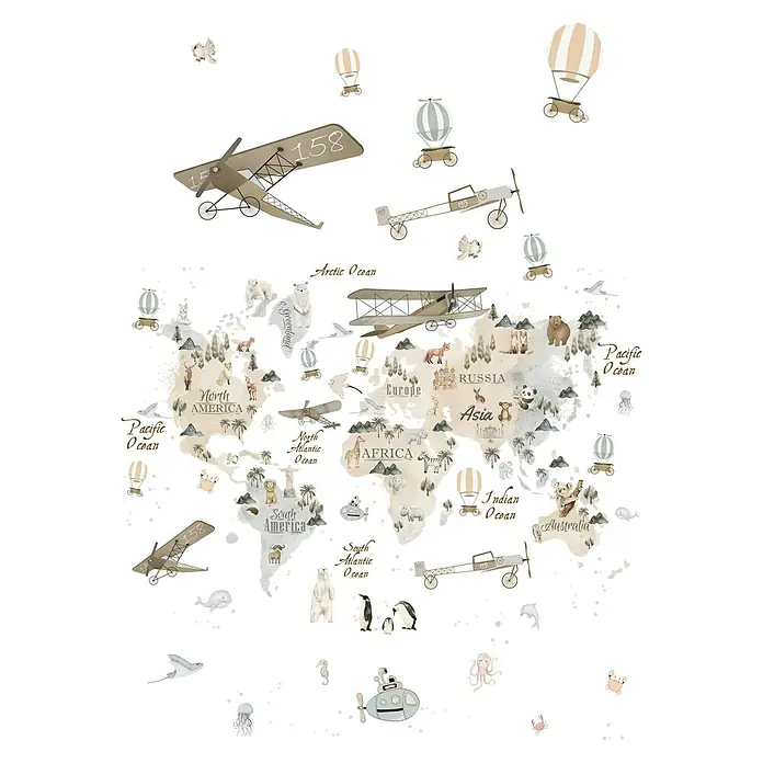 Marburg Kids' Walls Fototapete Flugmaschinen - B x H: 159 x 270 cm, Vlies, Weiß - Eine Illustration einer Weltkarte mit Tieren, Flugzeugen und Ballons, die für Kinderzimmer oder Spielbereiche geeignet ist.