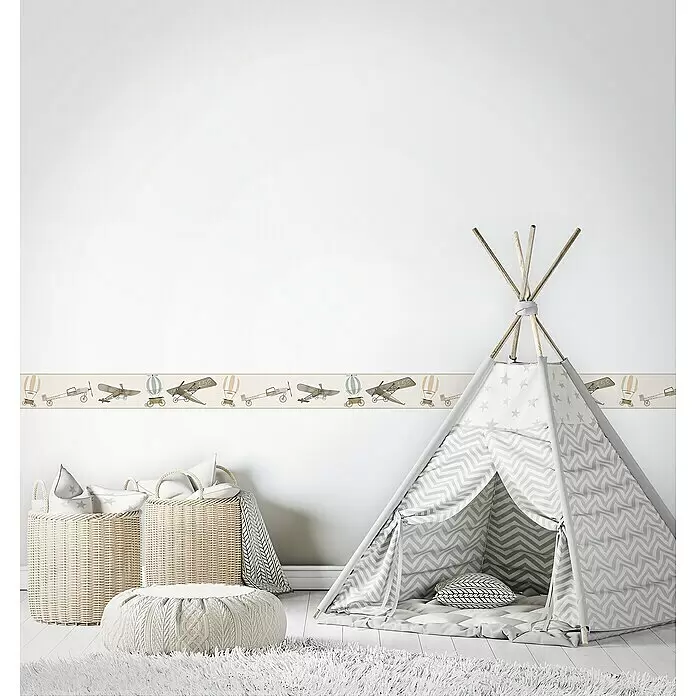 Marburg Kids' Walls Tapetenborte Flugmaschinen - Kunststoff, Beige - Tapetenbordüre mit Illustrationen von Vintage-Flugzeugen und Heißluftballons in gedämpften Tönen, ideal für ein Kinderzimmer.
