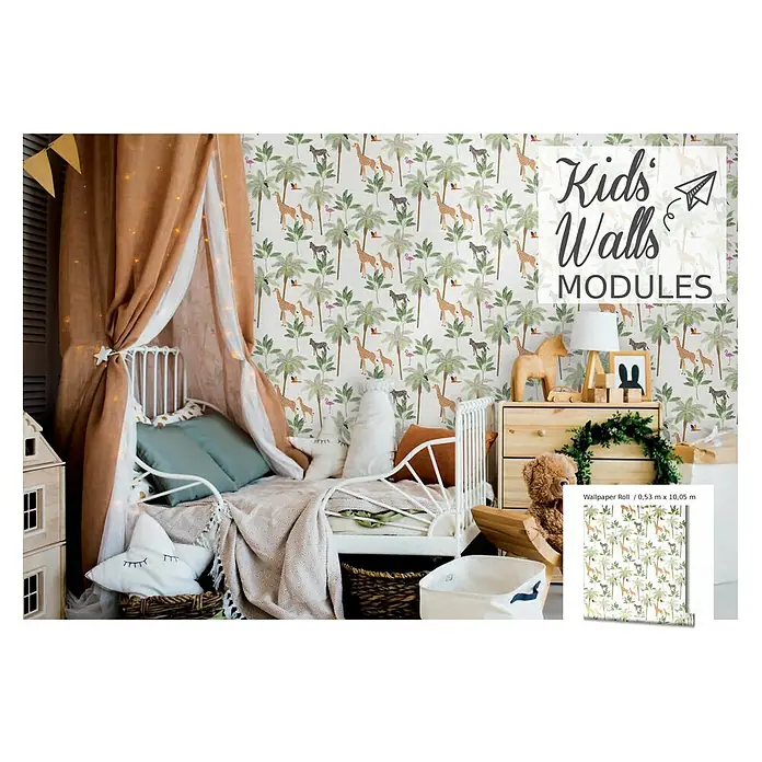 Marburg Kids' Walls Vliestapete - Weiß/Grün/Beige, Tieroptik, 10,05 x 0,53 m - Ein Kinderzimmer mit Dschungeltapete, die Giraffen, Zebras und Palmen zeigt, sowie ein Rollenmuster der Tapete.
