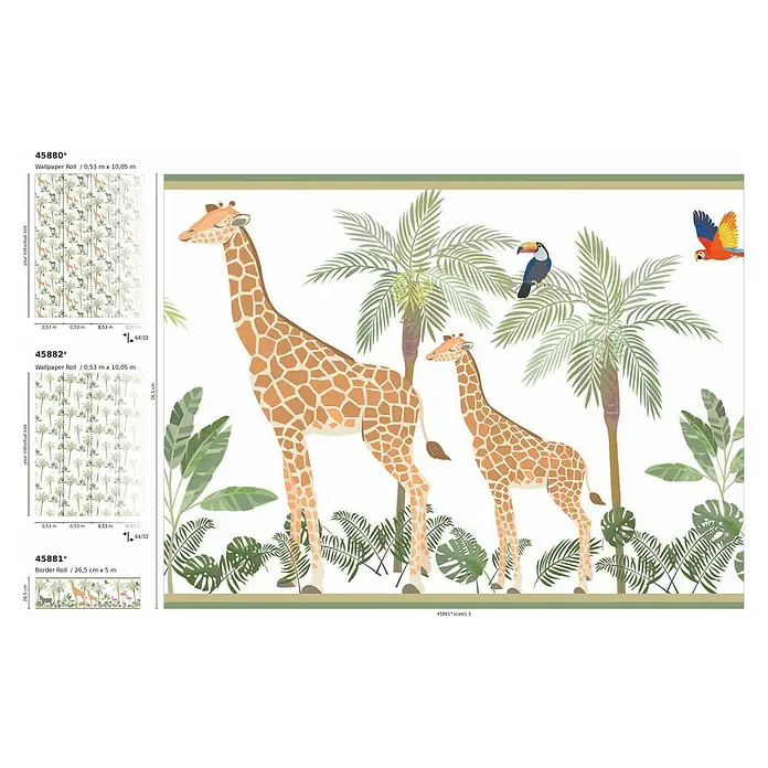 Marburg Kids' Walls Vliestapete Palmen - Weiß/Grün, Tieroptik, 10,05 x 0,53 m - Produktansicht der Tapetenrollen 45880, 45882 und der Bordürenrolle 45881 mit Dschungelmotiven, ideal für Kinderzimmer.