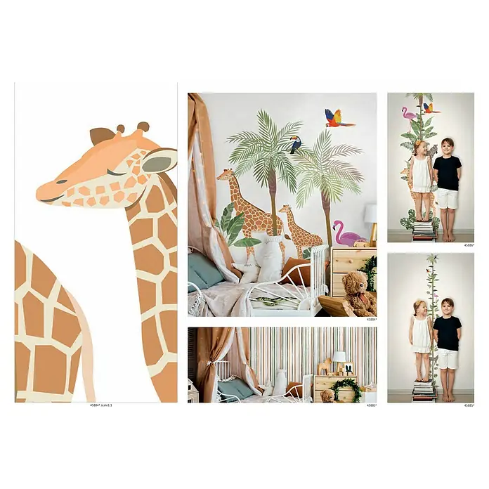 Marburg Kids' Walls Vliestapete Kombistreifen I - Weiß/Grün/Beige, Streifen, 10,05 x 0,53 m - Wandtattoo-Set mit Giraffen, Palmen und einem Messgerät zur Größenmessung, perfekt für die Dekoration eines Kinderzimmers.
