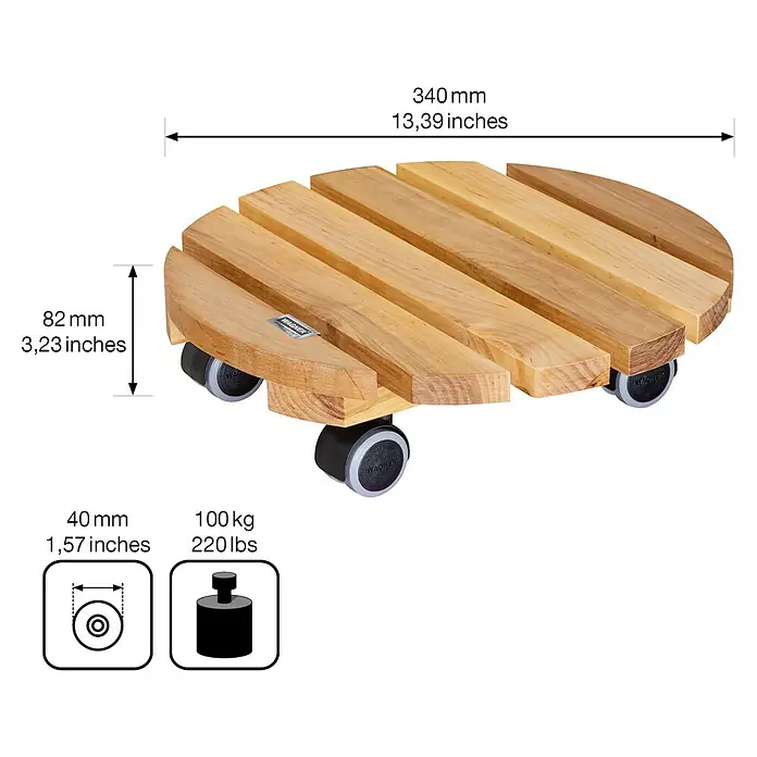Wagner System Pflanzenroller Classic Soft - Rund, Erle, Max. Belastung: 100 kg - Drehbare Pflanzenroller aus Holz mit Maßangaben.