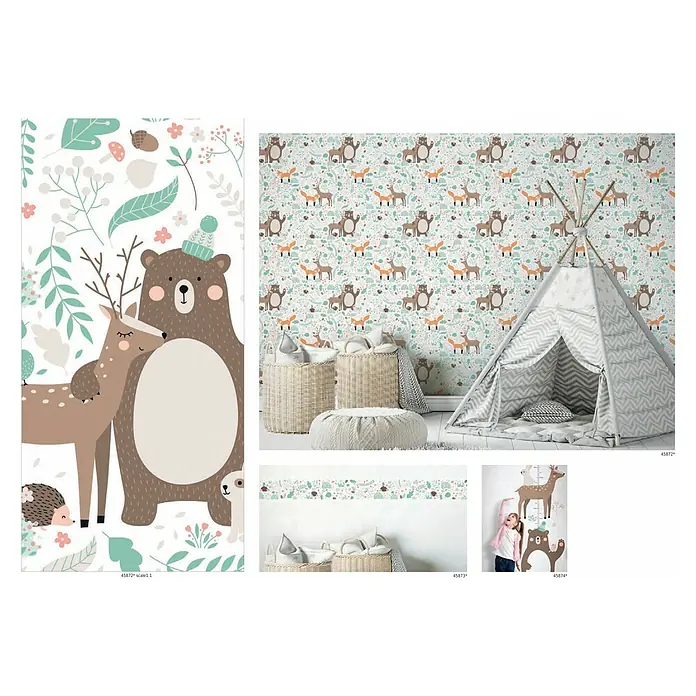Marburg Kids' Walls Vliestapete Waldfreunde - Weiß/Grün/Braun, Tieroptik, 10,05 x 0,53 m - Niedliche Kinderzimmer-Dekorationen mit Bären-, Reh- und Fuchsmotiven, die eine verspielte und warme Atmosphäre schaffen.