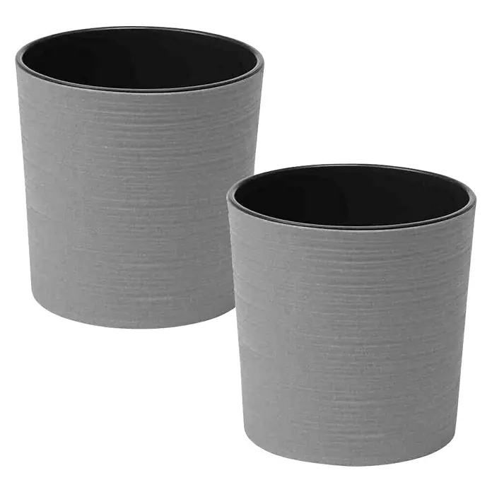 Siena Garden Pflanztopf Set Lens Eco - 2 x Pflanztopf Ø30 x 30,5 cm, Kunststoff, Grau - Zwei graue, zylindrische Pflanzgefäße mit schwarzem Innenraum, ideal für Zimmerpflanzen und zur Dekoration von Innenräumen.