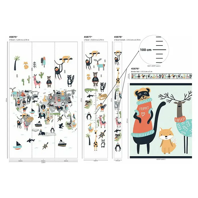 Marburg Kids' Walls Fototapete Messlatte Tiere aus der ganzen Welt - B x H: 18 x 270 cm, Vlies - Wandbild mit verschiedenen Tiermotiven, darunter Weltkarte, Messlatte und Bordüre mit Tieren. Ideal für Kinderzimmer.