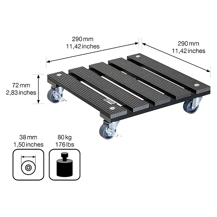 Wagner System Pflanzenroller - 29 x 29 cm, WPC, Anthrazit, Max. Belastung: 80 kg - Abbildung einer Möbelroller mit den Maßen 290 x 290 mm und einer Tragfähigkeit von 80 kg.