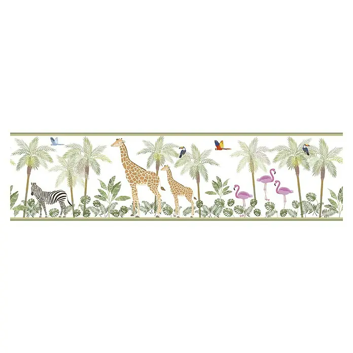 Marburg Kids' Walls Tapetenborte - Kunststoff, Weiß/Grün/Beige - Dschungel-Bordüre mit Zebras, Giraffen, Flamingos, Papageien, Tukanen und Palmen vor einem weißen Hintergrund.