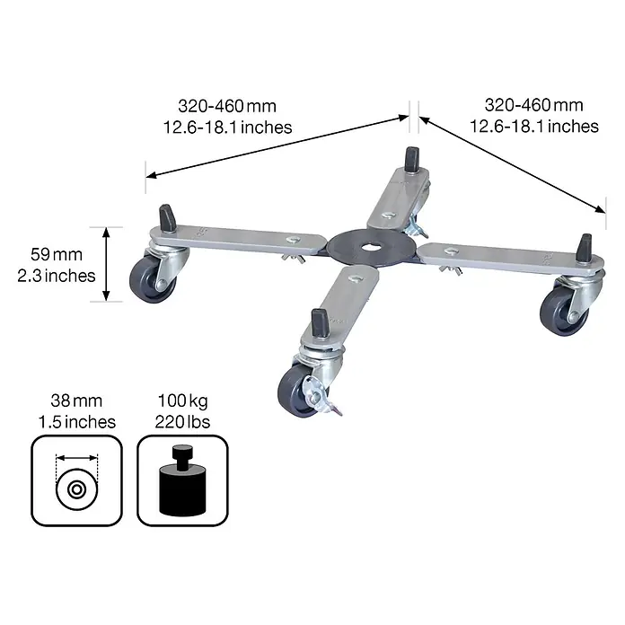 Wagner System Pflanzenroller Sunline Basic - Stahl, Max. Belastung: 100 kg - Abbildung eines verstellbaren Maschinenfußes mit Rollen und verschiedenen Maßangaben.