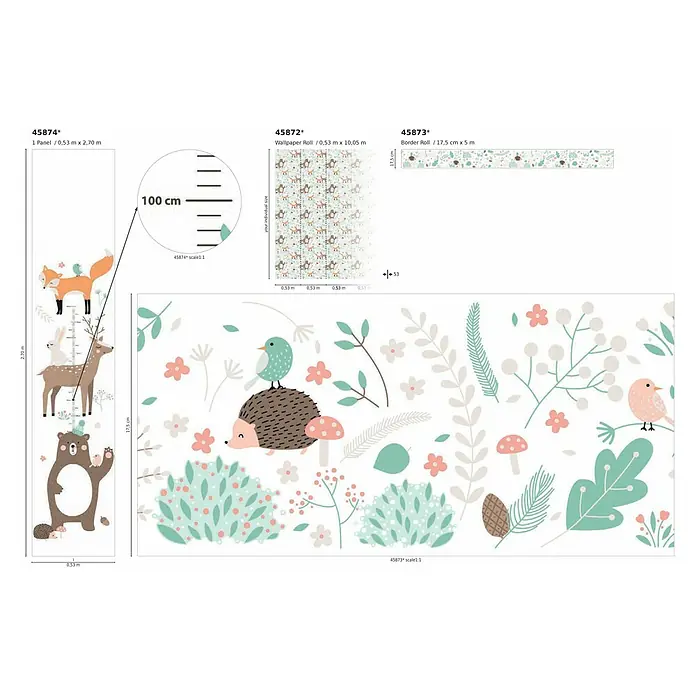 Marburg Kids' Walls Vliestapete Waldfreunde - Weiß/Grün/Braun, Tieroptik, 10,05 x 0,53 m - Das Bild zeigt eine Auswahl an Kinderzimmer-Wandtattoos mit Waldtieren, Messlatte und Bordüren mit Waldmotiven.