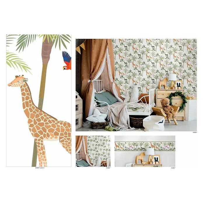 Marburg Kids' Walls Vliestapete Palmen - Weiß/Grün, Tieroptik, 10,05 x 0,53 m - Kinderzimmer-Deko: Giraffen-Wandbild, Dschungeltapete und Bordüre für eine liebevolle, thematisch passende Raumgestaltung.