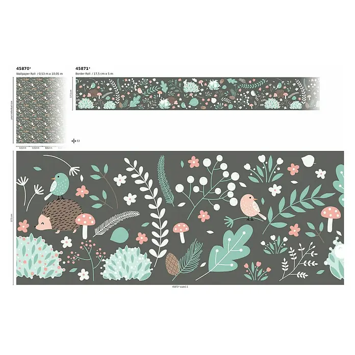 Marburg Kids' Walls Vliestapete Waldfreunde - Grün/Grau/Braun, Tieroptik, 10,05 x 0,53 m - Das Bild zeigt eine Bordüre und eine Tapetenrolle mit einem verspielten Waldmotiv in sanften Farben. Ideal für Kinderzimmer.