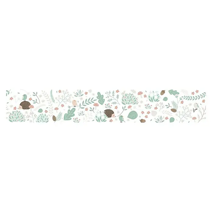 Marburg Kids' Walls Tapetenborte - Weiß/Grün/Braun, Motiv, 5 x 0,18 m, Vlies - Illustration mit Waldmotiven, darunter Igel, Vögel, Blätter und Blumen in sanften Farben. Ideal für Kinderzimmergestaltung.