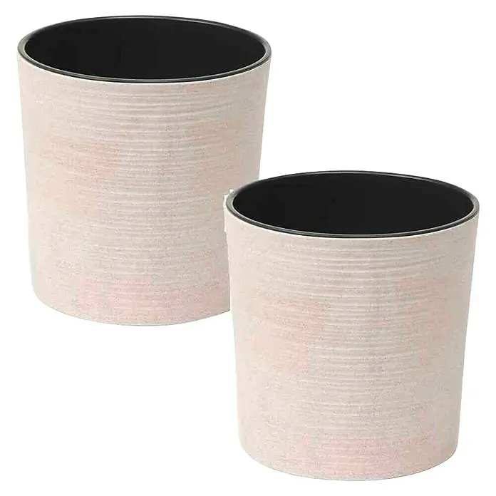 Siena Garden Pflanztopf Set Lens Eco - 2 x Pflanztopf Ø25 x 25,5 cm, Kunststoff, Cremeweiß - Zwei runde Übertöpfe mit einer dezenten horizontalen Textur und schwarzem Innenraum, ideal für Pflanzen und moderne Dekoration.