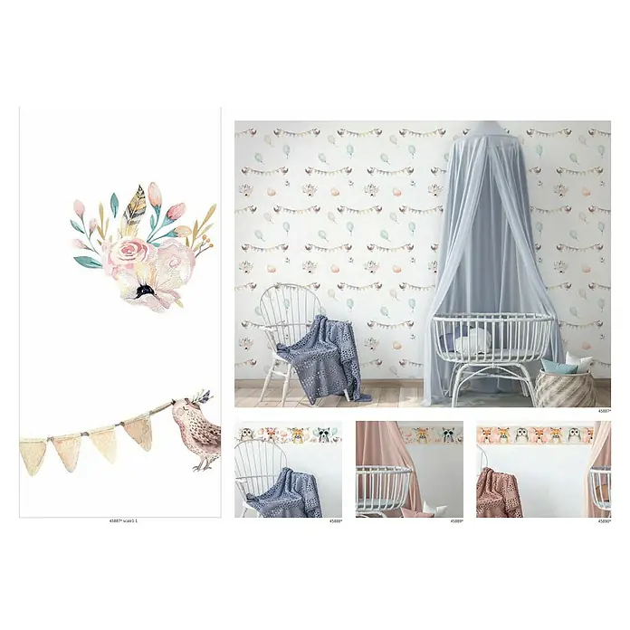 Marburg Kids' Walls Tapetenborte - Weiß/Multicolor, Motiv, L x H: 5 x 0,18 m, Vlies - Dieses Bild zeigt eine Auswahl an Wandbildern für Kinderzimmer mit Tiermotiven, Blumen und Girlanden in sanften Farben. Perfekt zur Dekoration.