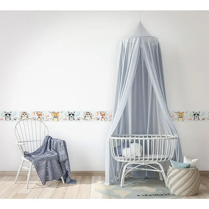 Marburg Kids' Walls Tapetenborte - Kunststoff, Grau/Multicolor - Niedliches Kinderzimmer mit einer Bordüre mit Waldtieren, einem Baldachinbett und einem Sessel mit einer Decke, ideal für Babys und Kleinkinder.
