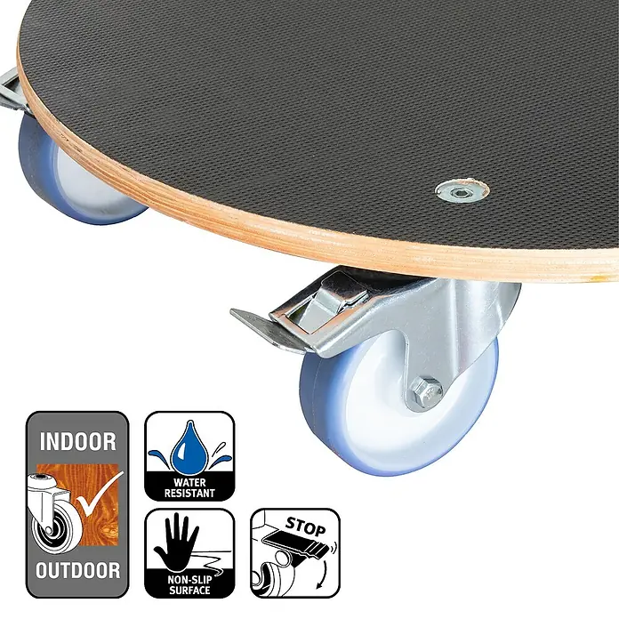 Wagner System Pflanzenroller XXL Grip - 58 cm, Max. Belastung: 300 kg - Eine Nahaufnahme eines rollenden Möbelträgers mit Feststellbremse, geeignet für den Innen- und Außenbereich.